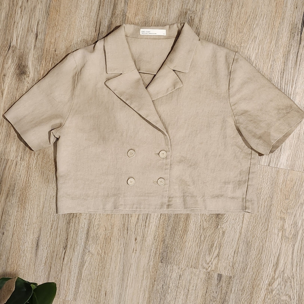 Linen Double-breasted Cropped Blouse Size S in Light Beige / OAK + FORT